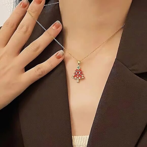 Gold Red CHRISTMAS TREE Pendant Necklace - Picture 3 of 4